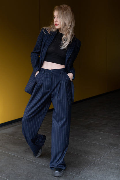 Striped Fabric Pants Dark Blue