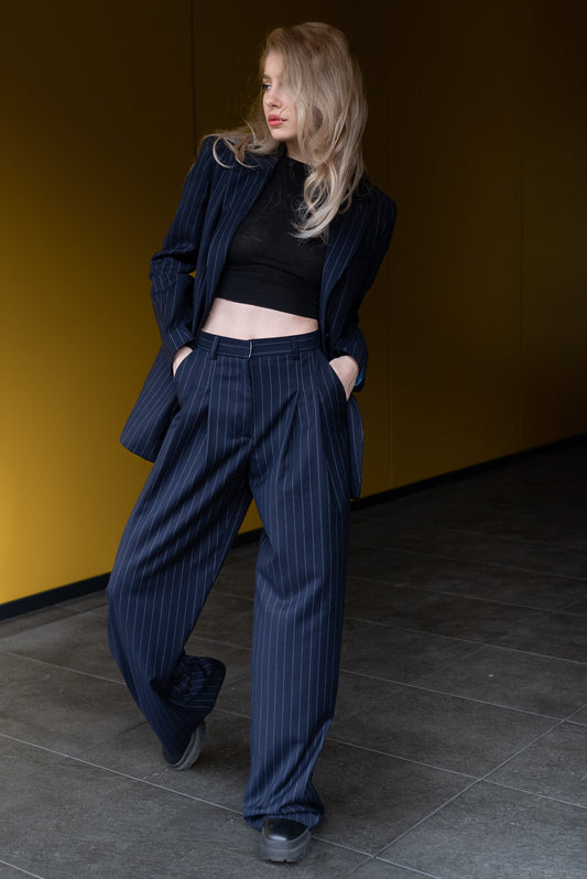Striped Fabric Pants Dark Blue