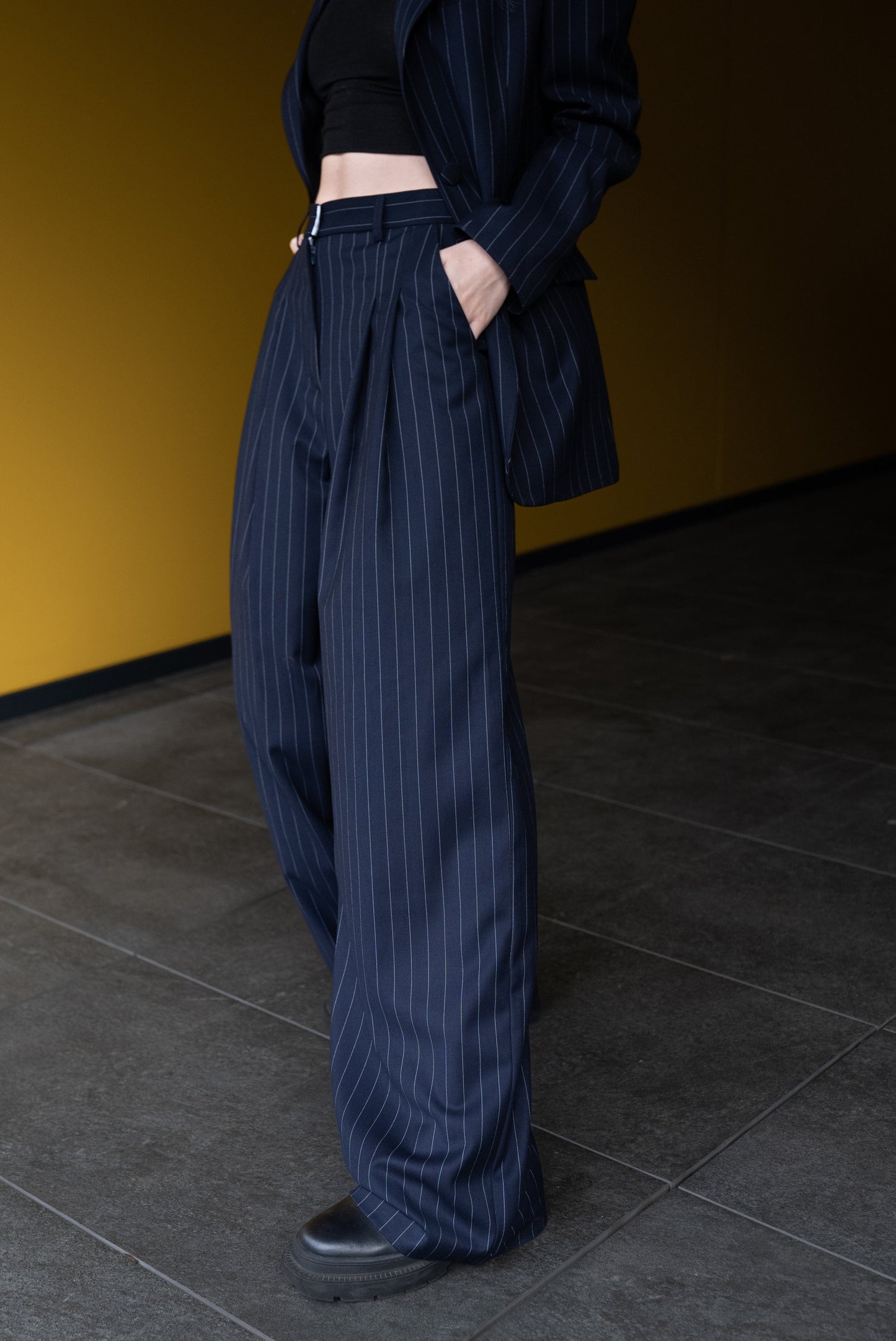 Striped Fabric Pants Dark Blue
