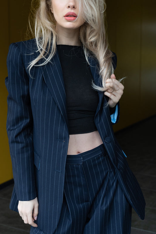 Striped Suit Jacket Dark Blue